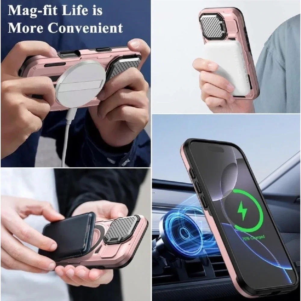 MMHUO iPhone 16 Pro Case MagSafe Military Heavy Duty Camera Stand Rose Gold NIB
